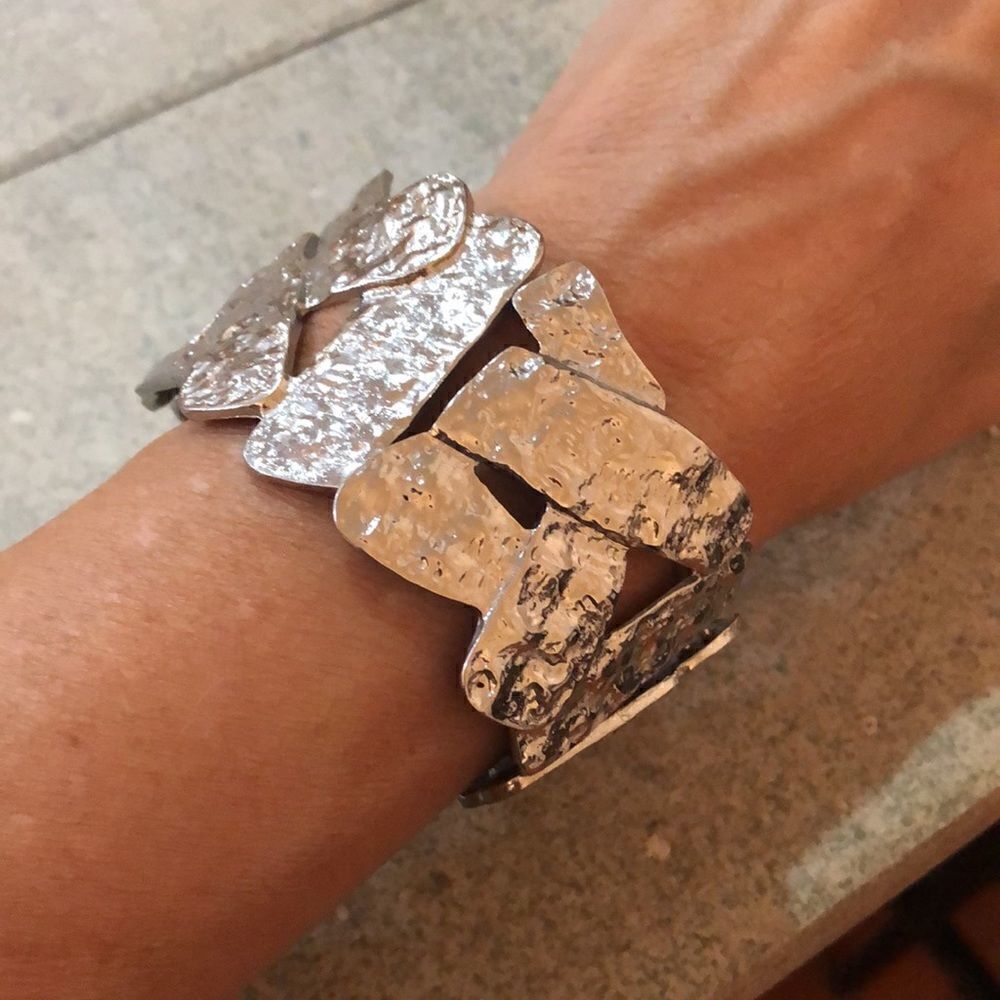 Silver tone wide stretch bracelet hammered